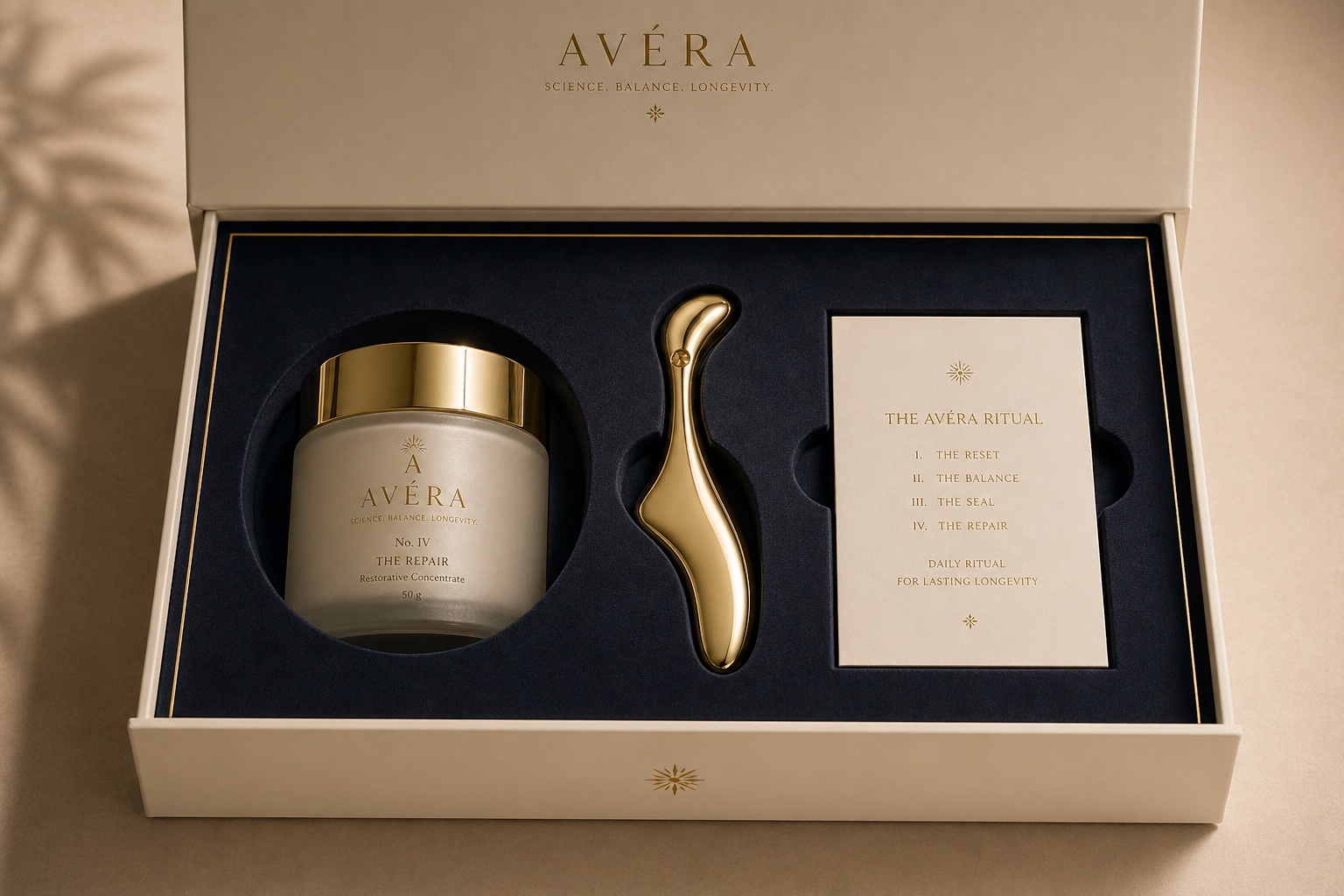 AVÉRA presentation drawer with navy and ivory detailing